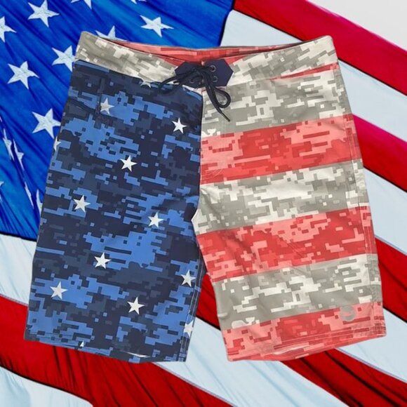 Vineyard Vines Stars & Stripes American Flag Red White Blue Digital Board Shorts